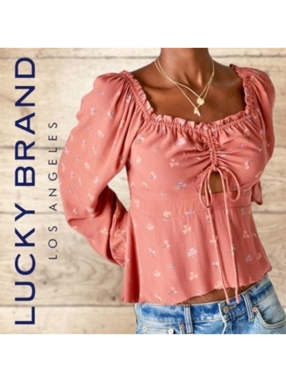 LUCKY BRAND Floral Ruched-Front Long Sleeve Top in Etruscan Red NWT/LG